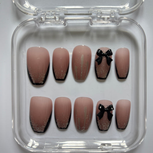 Elegant Black Bow Press-On Nails - Nude French Tip Luxury Set (Size L)