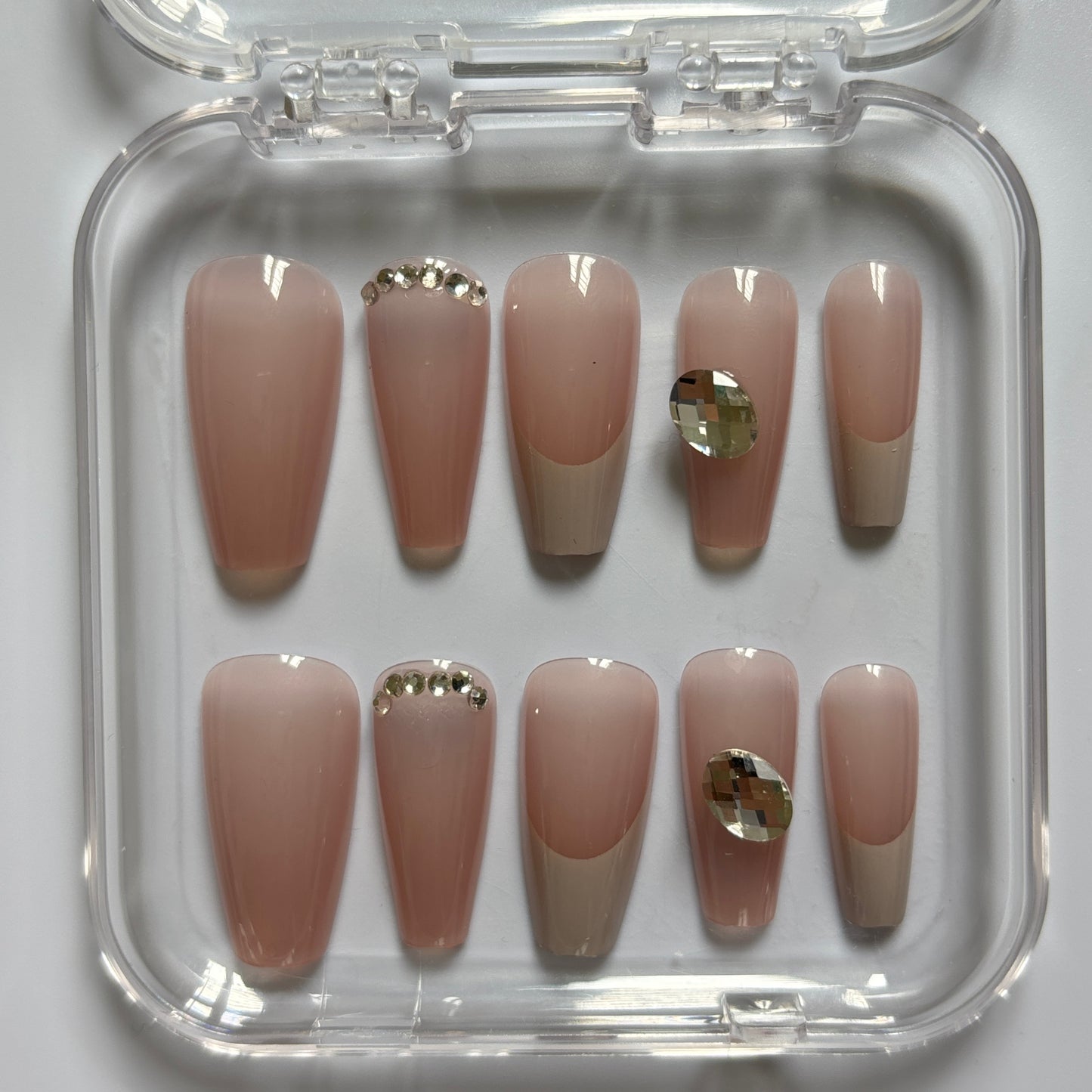 Luxe Rhinestone Press-On Nails - Nude Gray French Luxury Set (Size L)