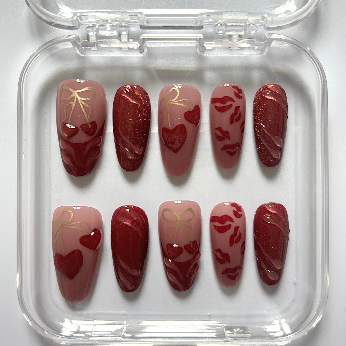 Romantic 3D Hearts & Lips Press-On Nails - Burgundy Gold Leaf Luxury Set (Size M)