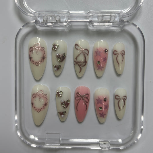 Elegant Bow & Floral Press-On Nails - Cream Pink Luxury Set (Size S)