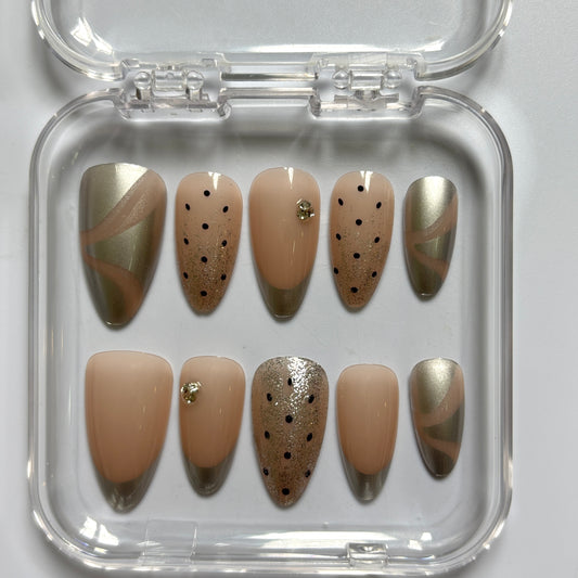 Chic Olive Chrome Press-On Nails - Gold Glitter Polka Dot Luxury Set (Size L)