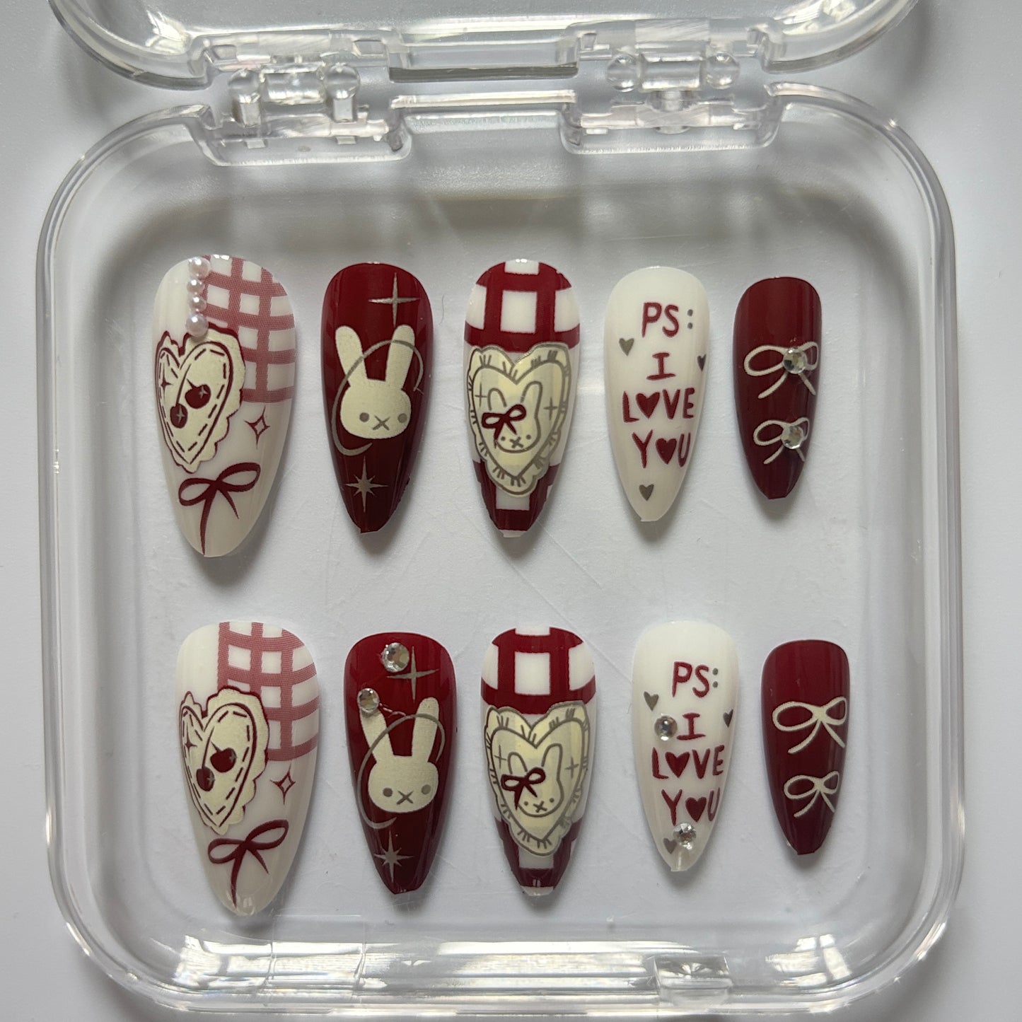 Kawaii Love Press-On Nails - Burgundy Bunny Bear Luxury Set (Size M)
