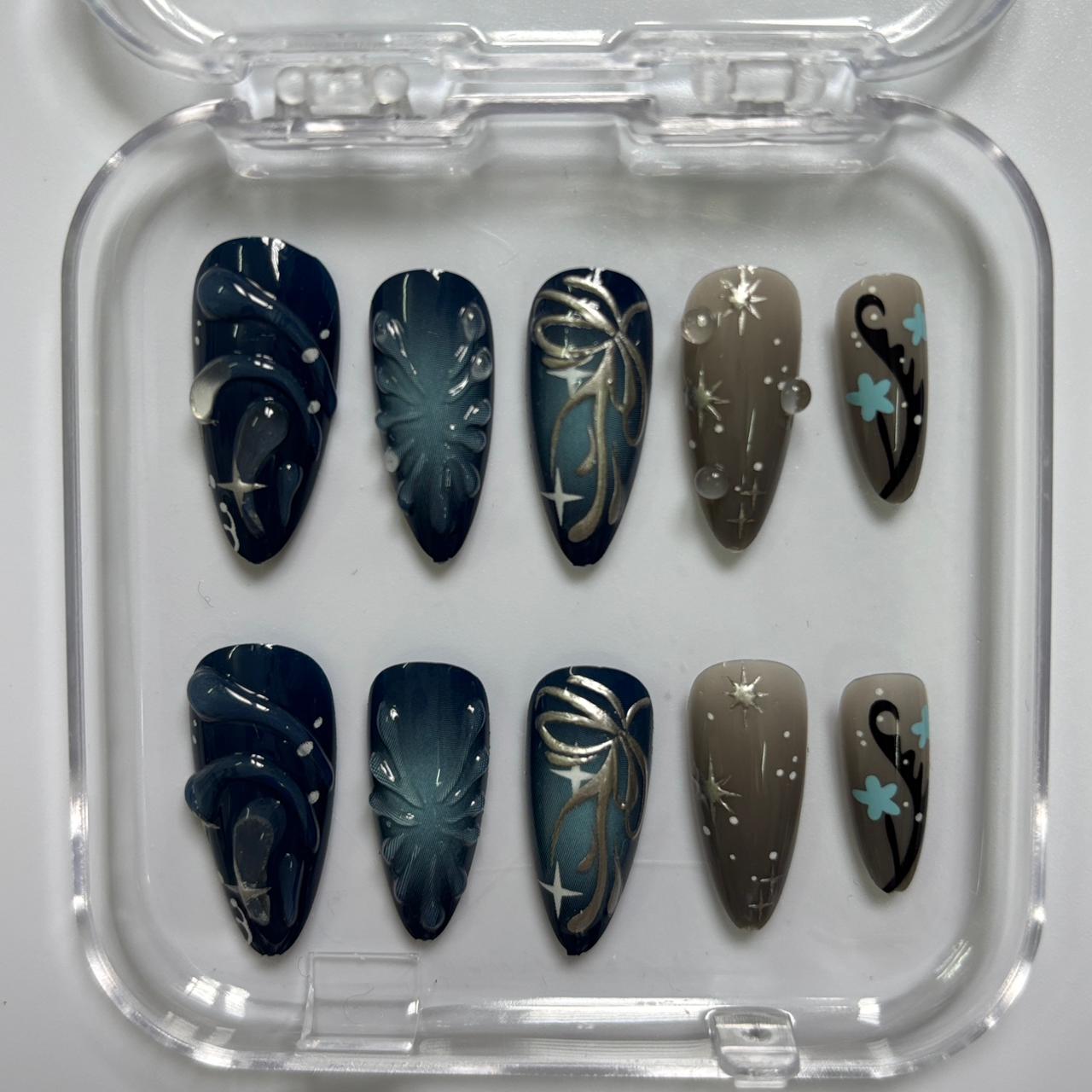 Mystical Celestial Press-On Nails - Navy Teal Moon Star Floral Luxury Set (Size S)