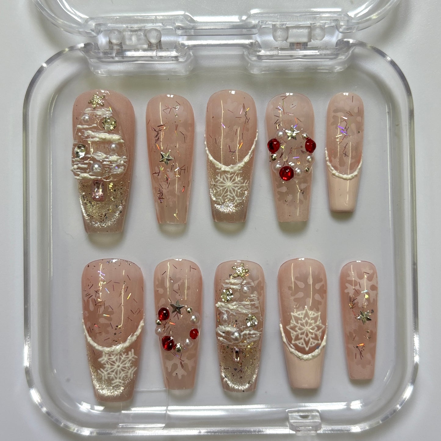 Festive Holiday Snowflake Press-On Nails - Nude Gold Red Rhinestone Luxury Set (Size M)