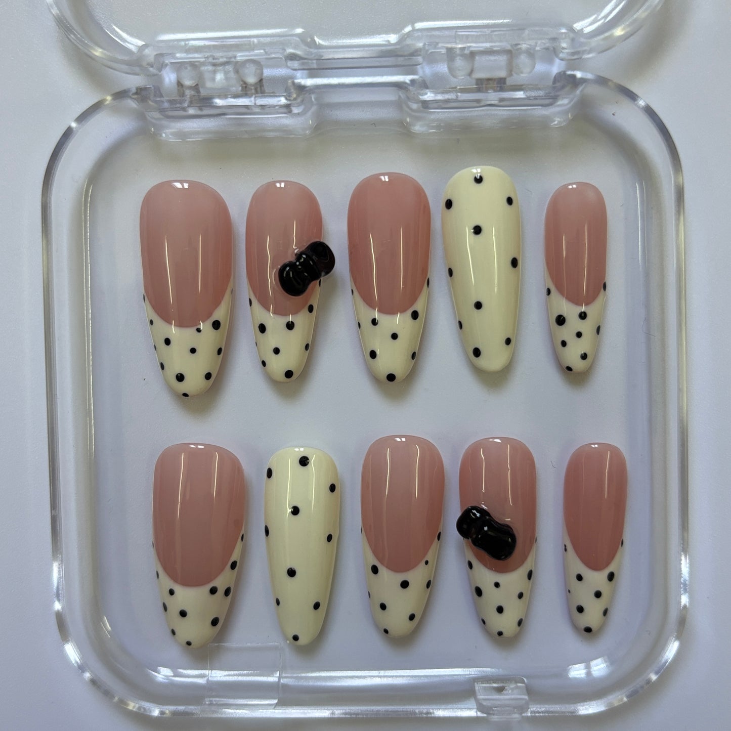 Adorable Polka Dot Press-On Nails - Nude Yellow 3D Bow Luxury Set (Size M)