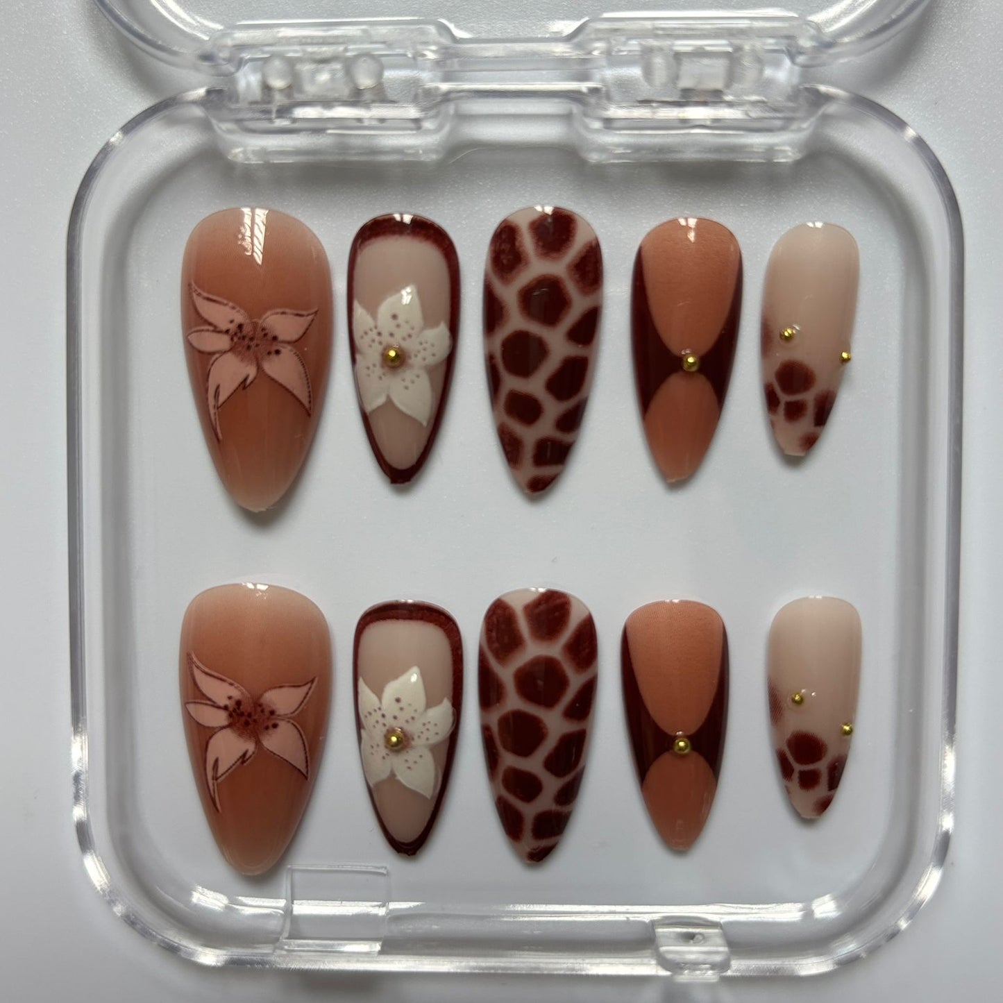 Chic Leopard & Floral Press-On Nails - Brown Nude Gold Accent Luxury Set (Size L)