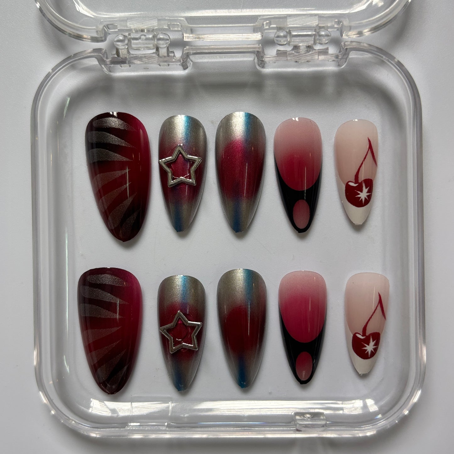 Celestial Chrome Press-On Nails - Burgundy Star Luxury Set (Size L)