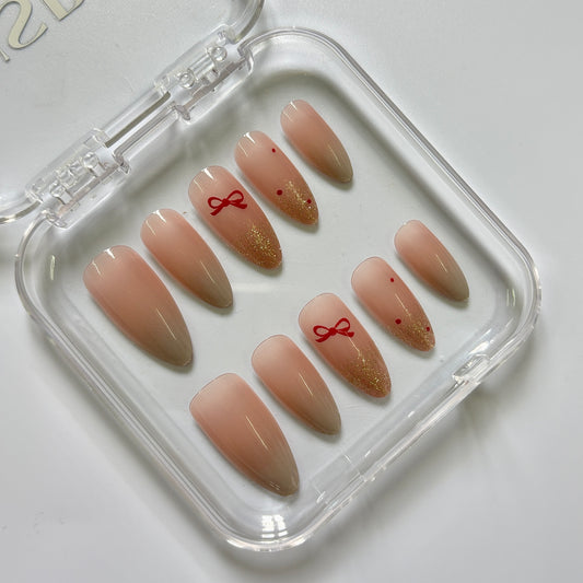 Sweet Red Bow Press-On Nails - Nude Ombre Gold Glitter Luxury Set (Size M)