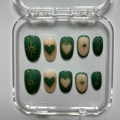 Elegant Emerald Hearts & Stars Press-On Nails - Nude Gold Line Art Luxury Set (Size M)