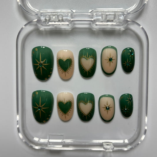 Elegant Emerald Hearts & Stars Press-On Nails - Nude Gold Line Art Luxury Set (Size M)