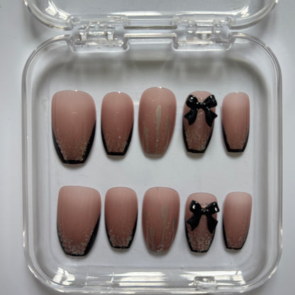 Elegant Black Bow Press-On Nails - Nude French Tip Luxury Set (Size L)