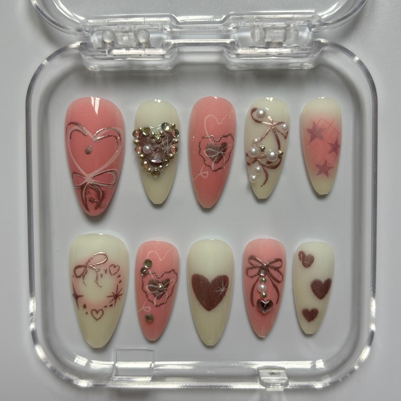 Romantic Hearts & Bows Press-On Nails - Pink Cream 3D Luxury Set (Size L)