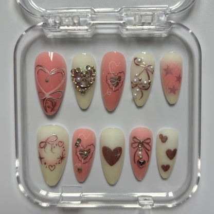 Romantic Hearts & Bows Press-On Nails - Pink Cream 3D Luxury Set (Size L)