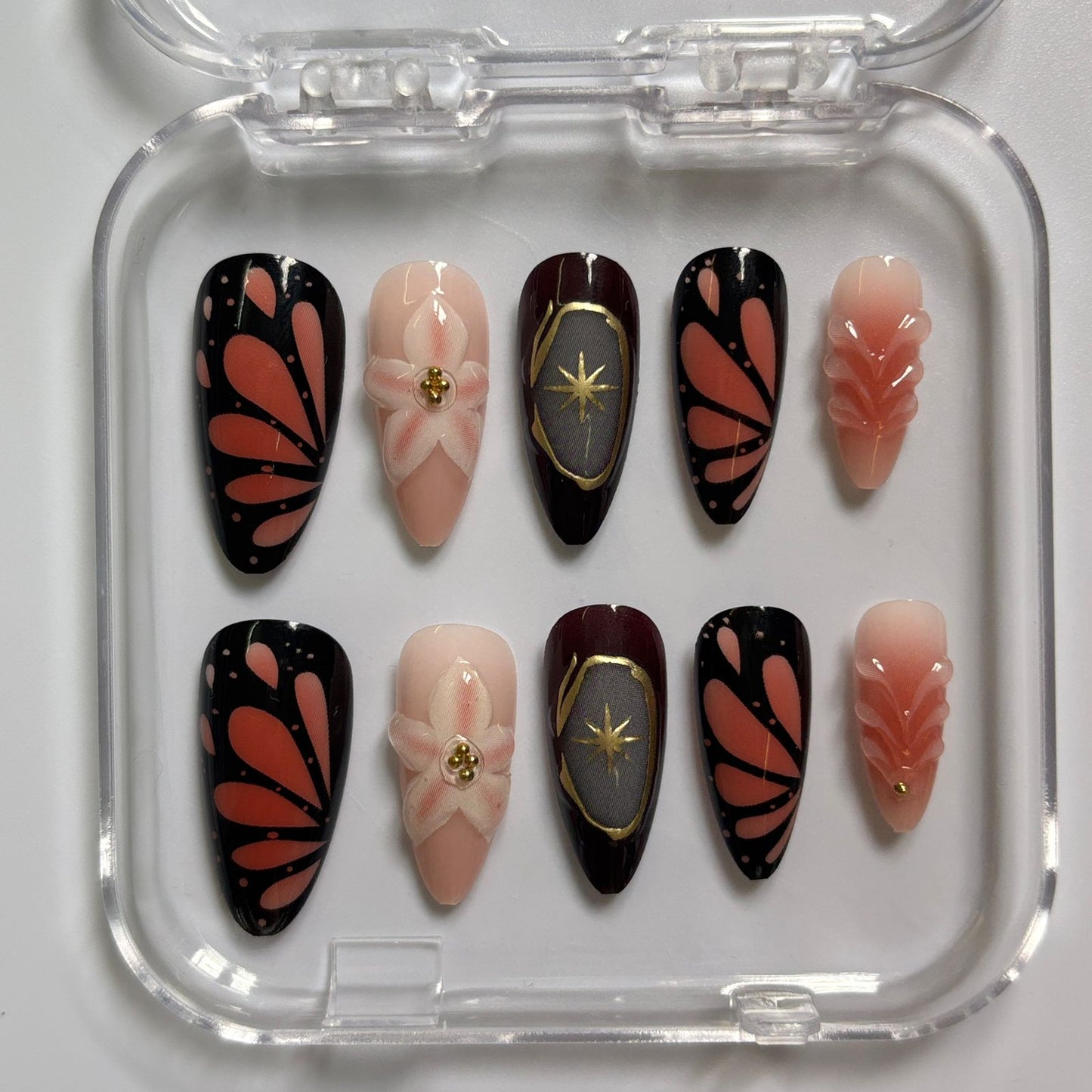 Stunning Butterfly Wing Press-On Nails - Floral Gold Star Luxury Set (Size M)