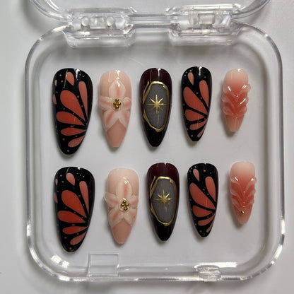 Stunning Butterfly Wing Press-On Nails - Floral Gold Star Luxury Set (Size M)
