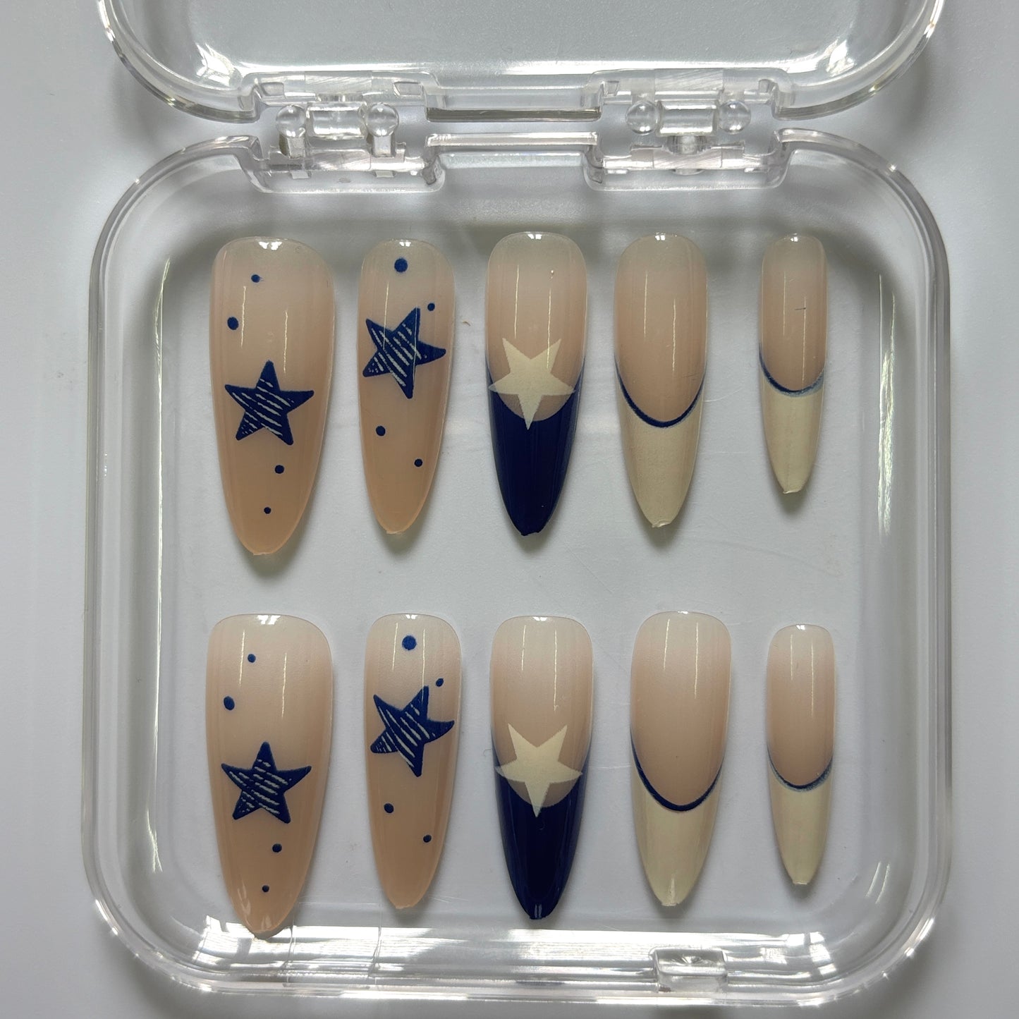 Celestial Navy Star Press-On Nails - Nude Geometric Luxury Set (Size S)