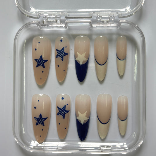 Celestial Navy Star Press-On Nails - Nude Geometric Luxury Set (Size S)