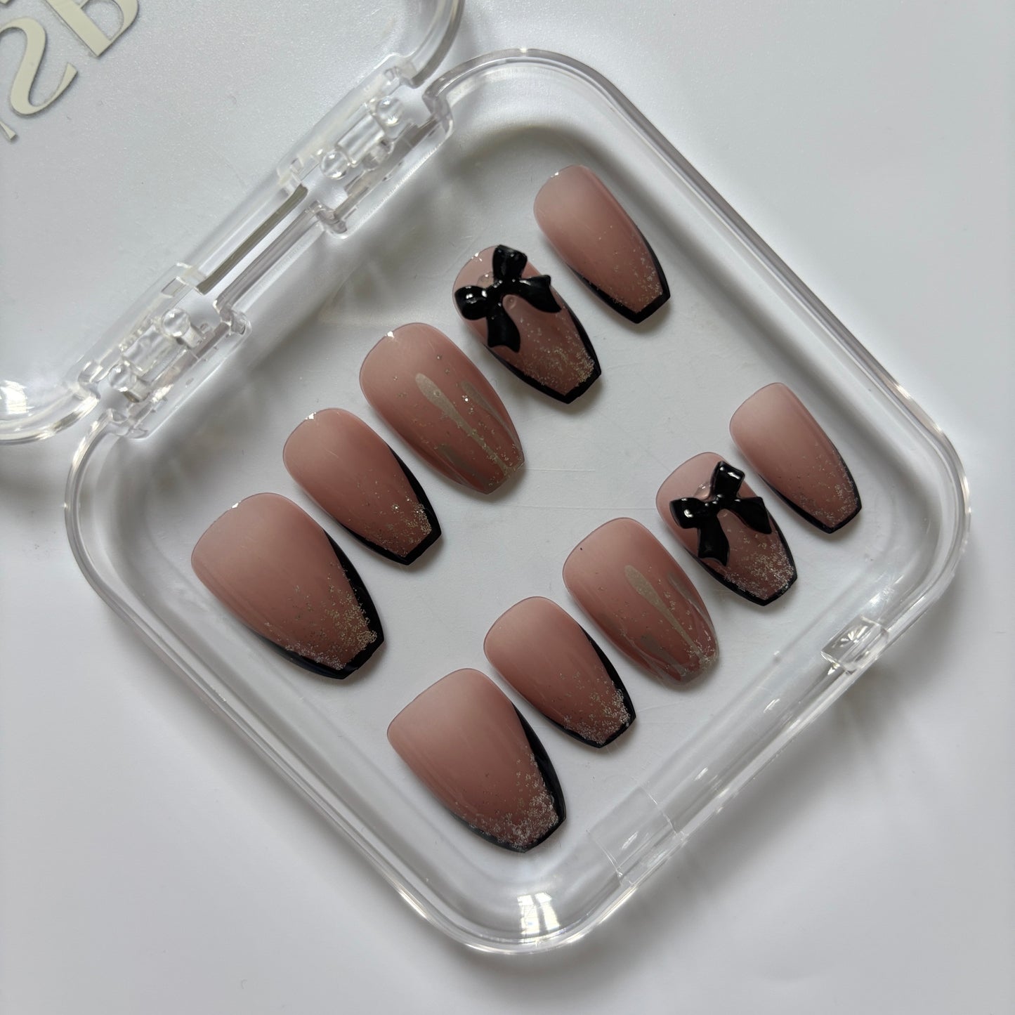 Elegant Black Bow Press-On Nails - Nude French Tip Luxury Set (Size L)