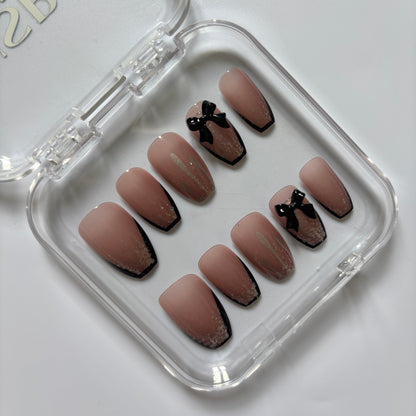 Elegant Black Bow Press-On Nails - Nude French Tip Luxury Set (Size L)