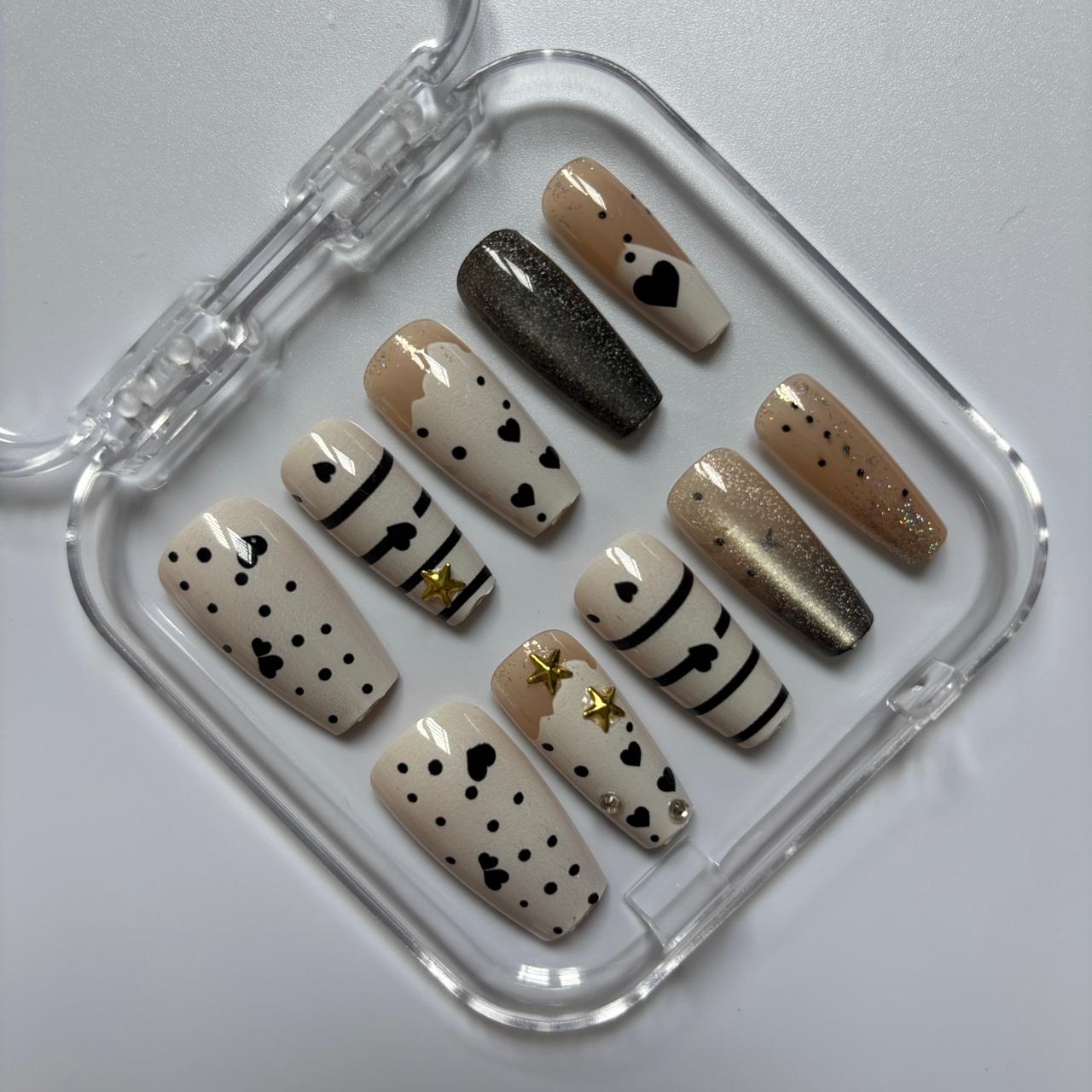 Playful Hearts & Stripes Press-On Nails - Nude Glitter Star Luxury Set (Size L)