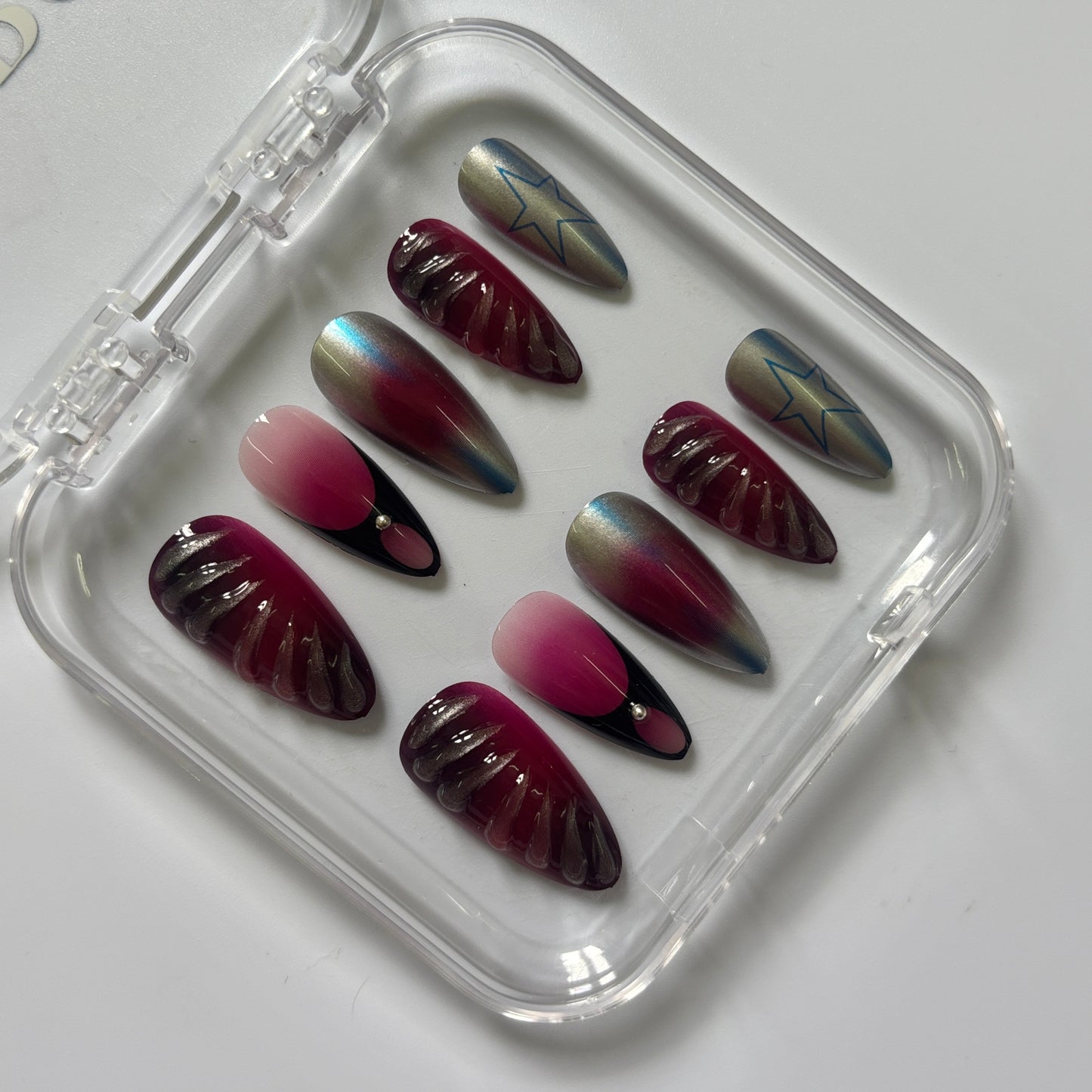 Mystical Chrome Star Press-On Nails - Burgundy Teal Luxury Set (Size M)