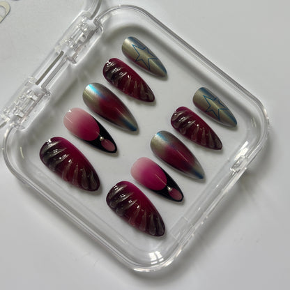 Mystical Chrome Star Press-On Nails - Burgundy Teal Luxury Set (Size M)