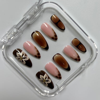 Elegant Floral Ombre Press-On Nails - Pink Brown Luxury Set (Size S)