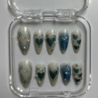 Romantic Sage & Teal Hearts Press-On Nails - Silver Chain Pearl Luxury Set (Size M)