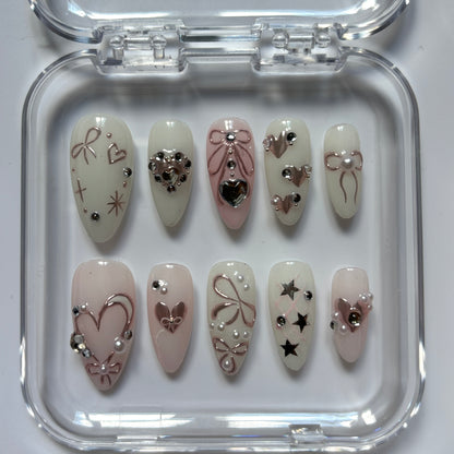 Elegant Heart & Butterfly Press-On Nails - White & Pink Luxury Set (Size S)