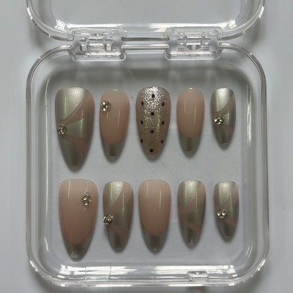 Elegant Olive Silver Press-On Nails - Nude Gold Glitter Luxury Set (Size M)
