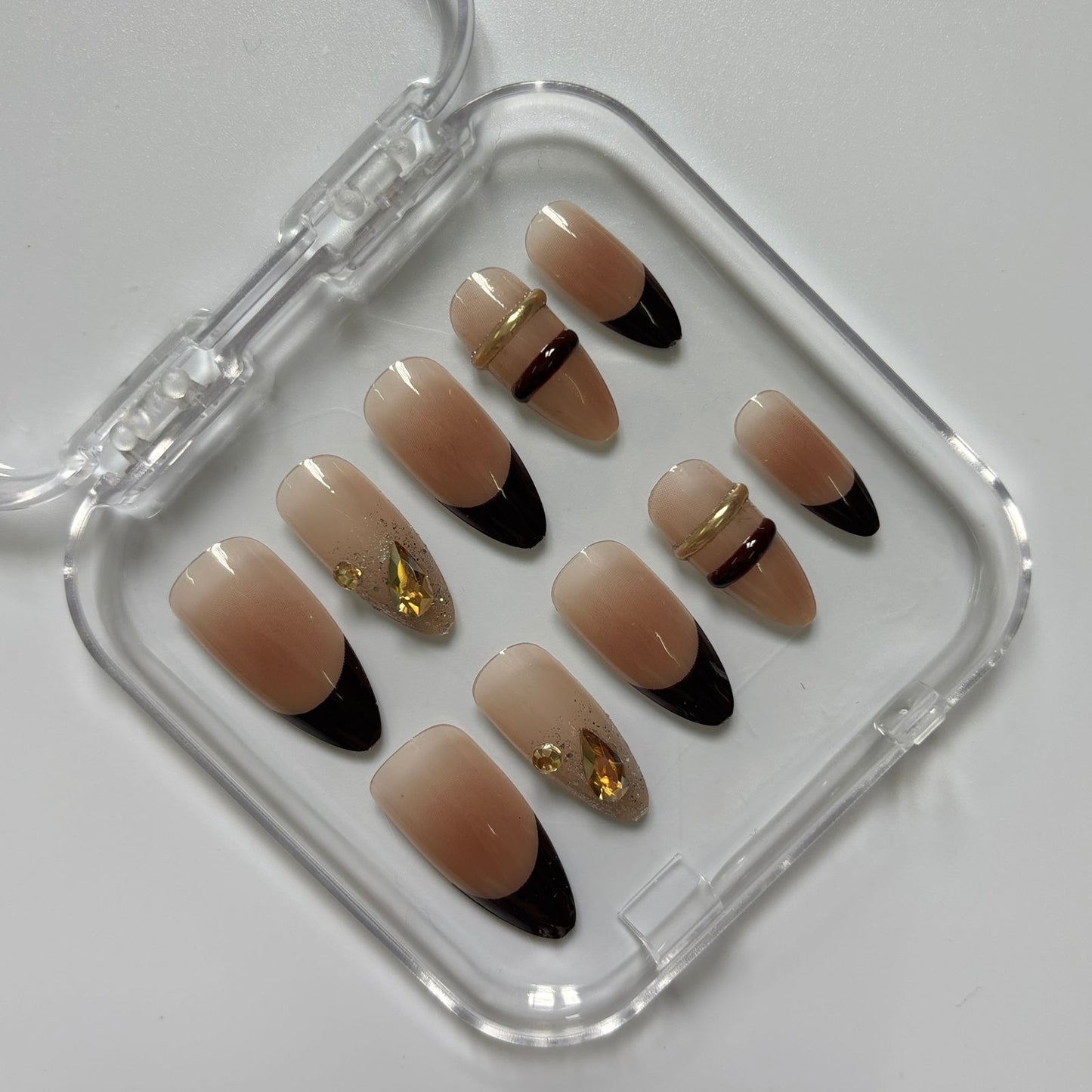 Chic Black Tip Butterfly Press-On Nails - Nude Gold Accent Luxury Set (Size M)