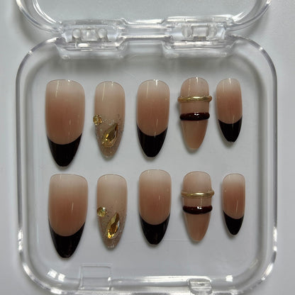 Chic Black Tip Butterfly Press-On Nails - Nude Gold Accent Luxury Set (Size M)