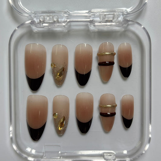 Chic Black Tip Butterfly Press-On Nails - Nude Gold Accent Luxury Set (Size M)