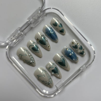 Romantic Sage & Teal Hearts Press-On Nails - Silver Chain Pearl Luxury Set (Size M)