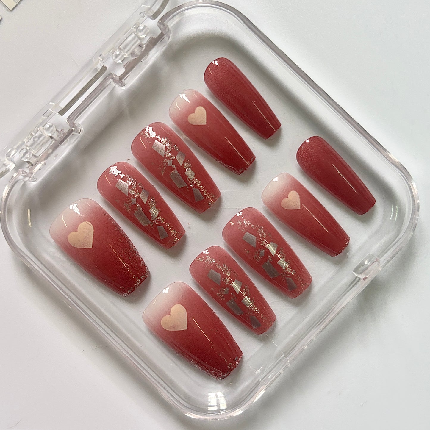Romantic Burgundy Heart Press-On Nails - Gold Glitter Luxury Set (Size L)