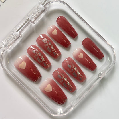 Romantic Burgundy Heart Press-On Nails - Gold Glitter Luxury Set (Size L)