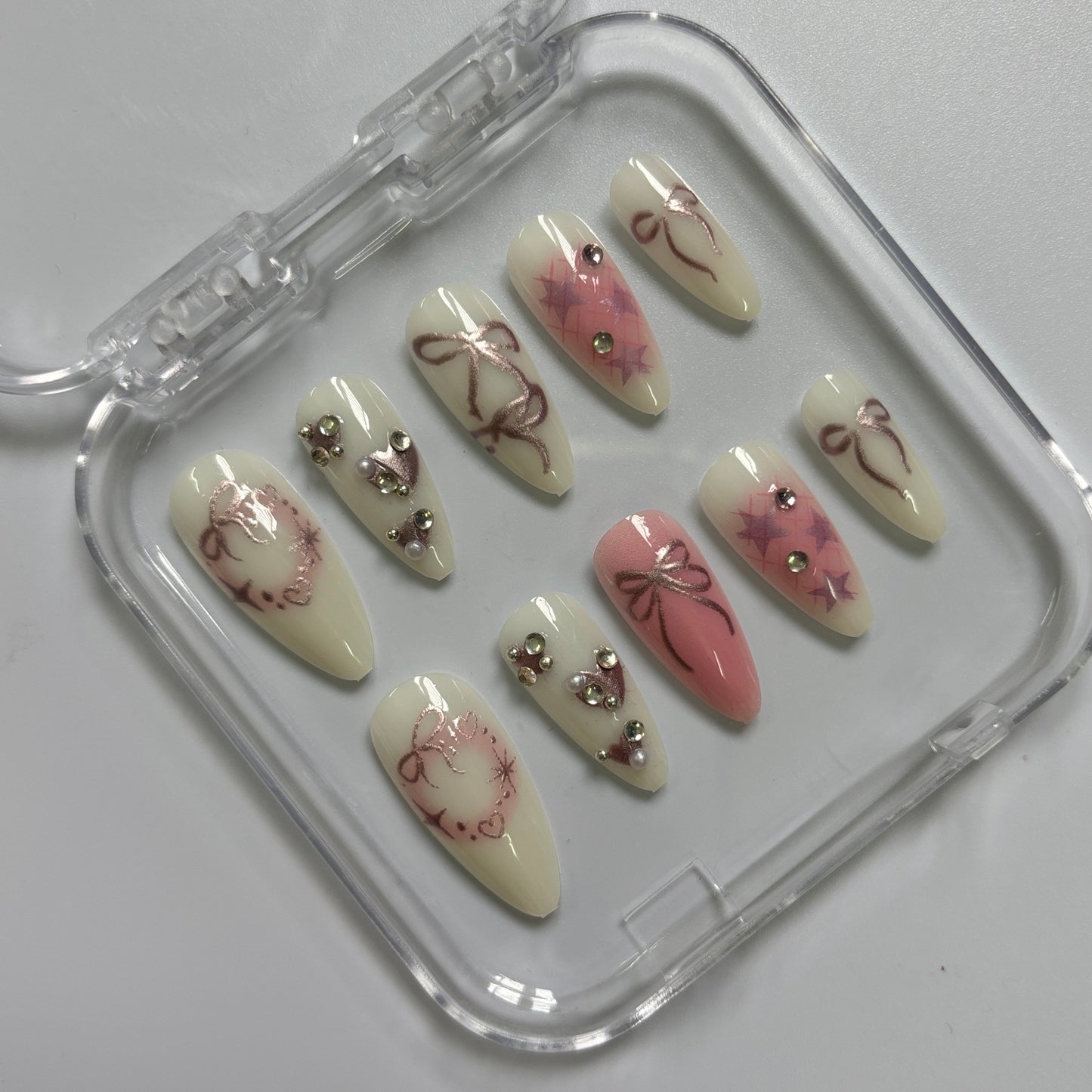 Elegant Bow & Floral Press-On Nails - Cream Pink Luxury Set (Size S)