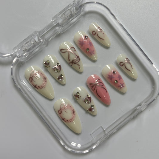 Elegant Bow & Floral Press-On Nails - Cream Pink Luxury Set (Size S)