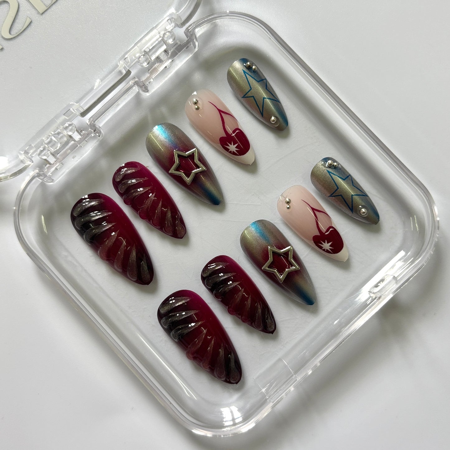 Fiery Star Chrome Press-On Nails - Burgundy Holographic Flame Luxury Set (Size S)
