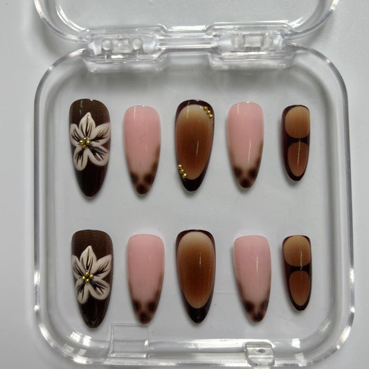 Elegant Floral Ombre Press-On Nails - Pink Brown Luxury Set (Size S)