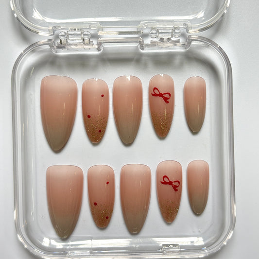 Sweet Red Bow Press-On Nails - Nude Ombre Gold Glitter Luxury Set (Size L)