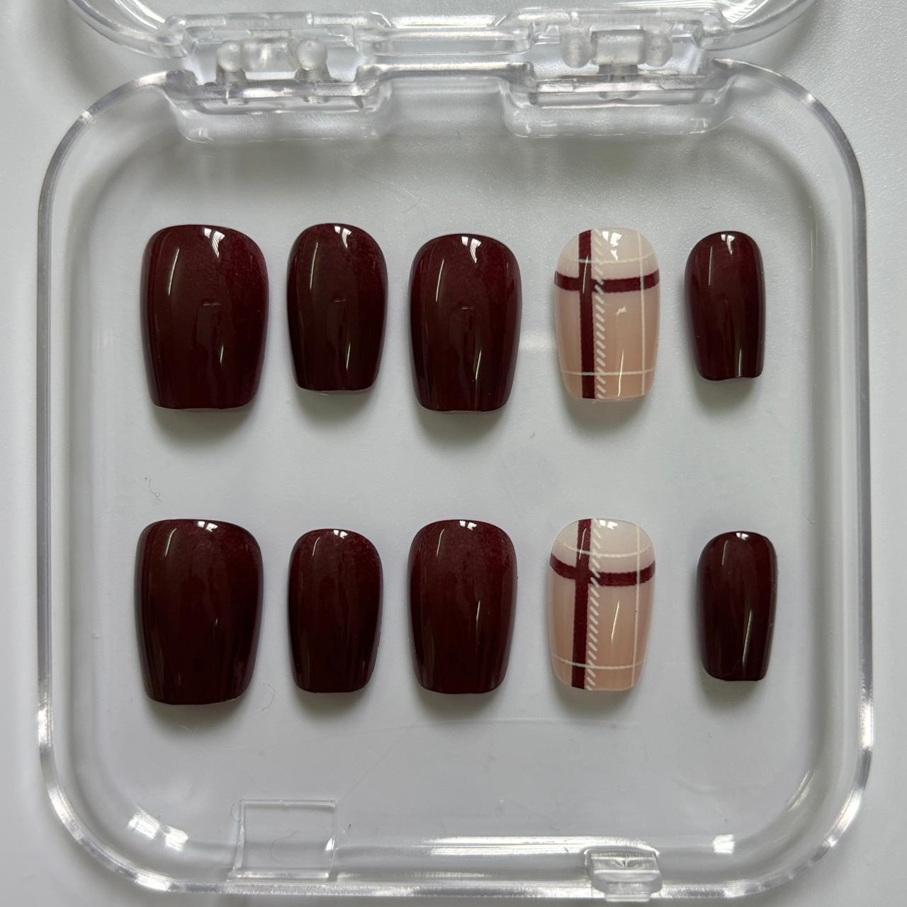 Chic Burgundy Plaid Press-On Nails - Nude Accent Luxury Set (Size S)