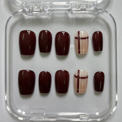 Chic Burgundy Plaid Press-On Nails - Nude Accent Luxury Set (Size S)