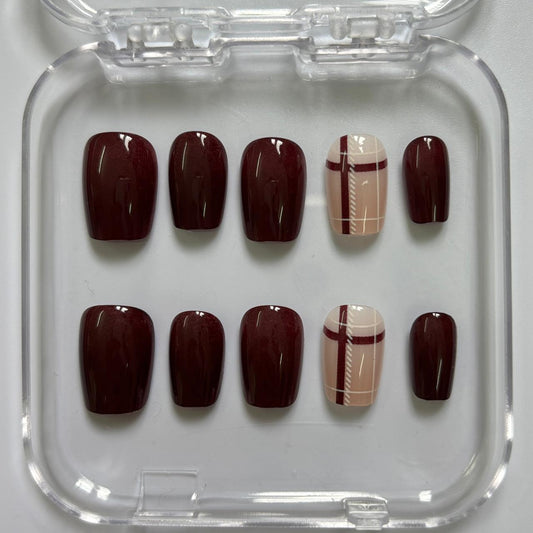 Chic Burgundy Plaid Press-On Nails - Nude Accent Luxury Set (Size S)