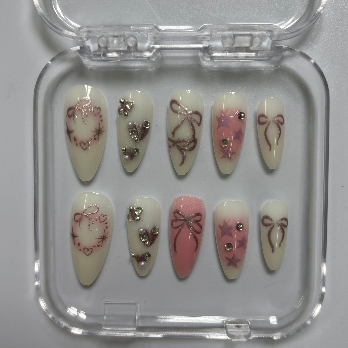 Elegant Bow & Floral Press-On Nails - Cream Pink Luxury Set (Size S)