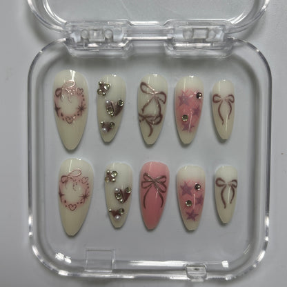Elegant Bow & Floral Press-On Nails - Cream Pink Luxury Set (Size S)