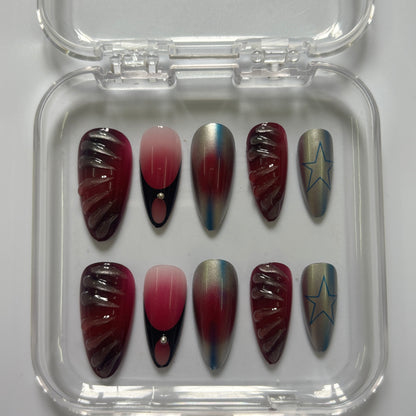 Mystical Chrome Star Press-On Nails - Burgundy Teal Luxury Set (Size M)