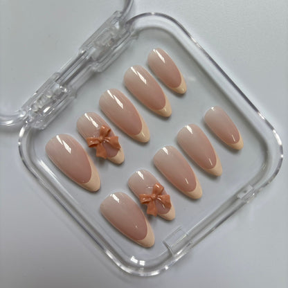 Sweet Brown Bow Press-On Nails - Nude Ombre Luxury Set (Size M)