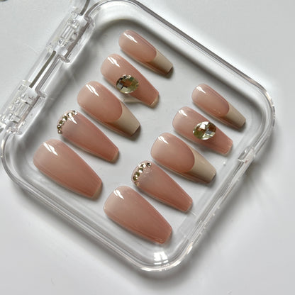 Luxe  Rhinestone Press-On Nails - Nude Gray French Luxury Set (Size L)