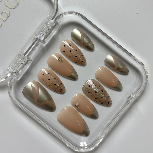 Chic Olive Chrome Press-On Nails - Gold Glitter Polka Dot Luxury Set (Size L)